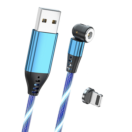 Зарядний магнітний кабель USB з конектором Lightning струмливе неонове підсвічування 2.4а 1м - синій, фото 1