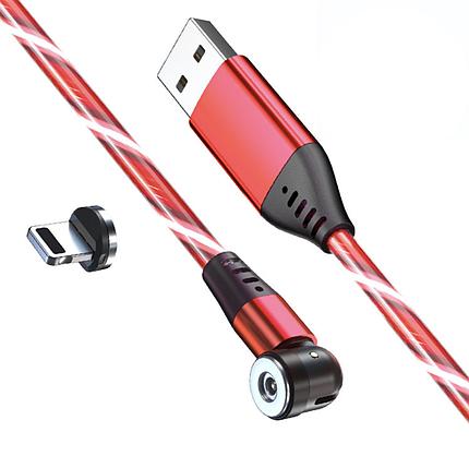 Зарядний магнітний кабель USB з конектором Lightning струмливе неонове підсвічування 2.4а 1м - красний, фото 1