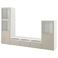 IKEA BESTÅ Комбинированный телевизор / стеклянные двери, белый Синдвик / Лаппвикен светло-серый / бежевый