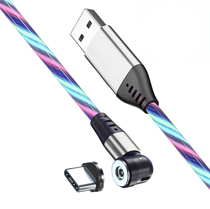 Зарядний магнітний кабель USB з конектором Type-C струмливе неонове підсвічування 2.4а 1м - різнокольоровий, фото 1
