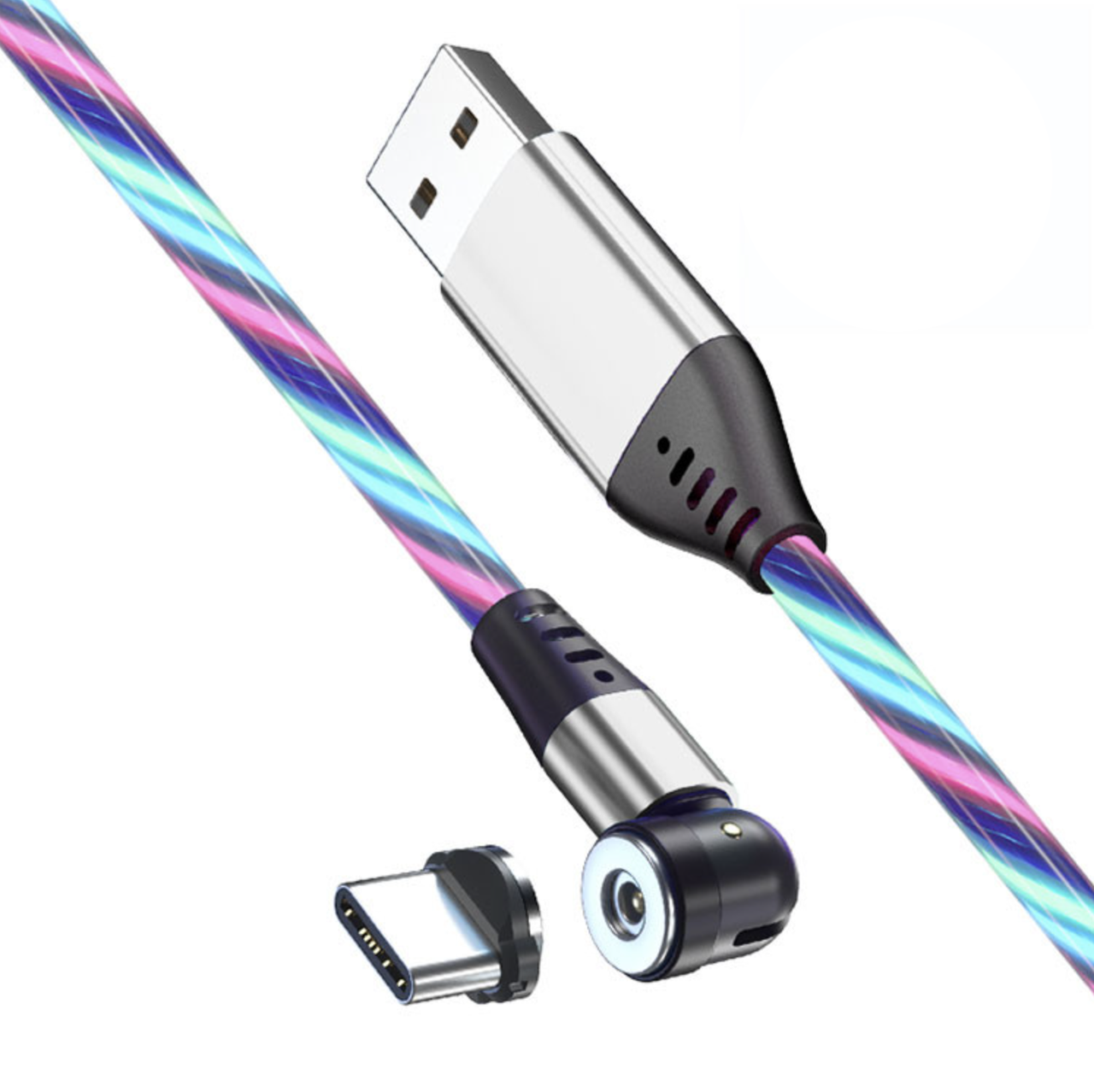 Зарядний магнітний кабель USB з конектором Type-C струмливе неонове підсвічування 2.4а 1м - різнокольоровий