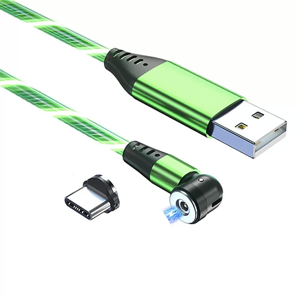 Зарядний магнітний кабель USB з конектором Type-C струмливе неонове підсвічування 2.4а 1м - зелений, фото 1