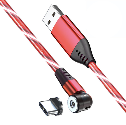 Зарядний магнітний кабель USB з конектором Type-C струмливе неонове підсвічування 2.4а 1м - красний, фото 1