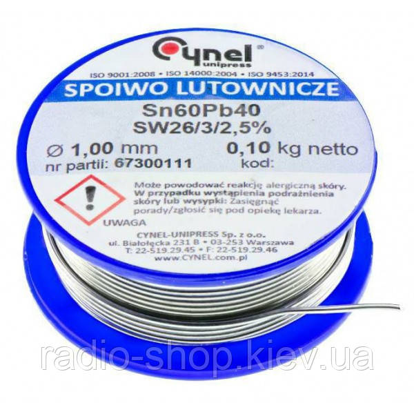 Припій Cynel Sn60Pb40 2 mm (100 g) без флюса, фото 1