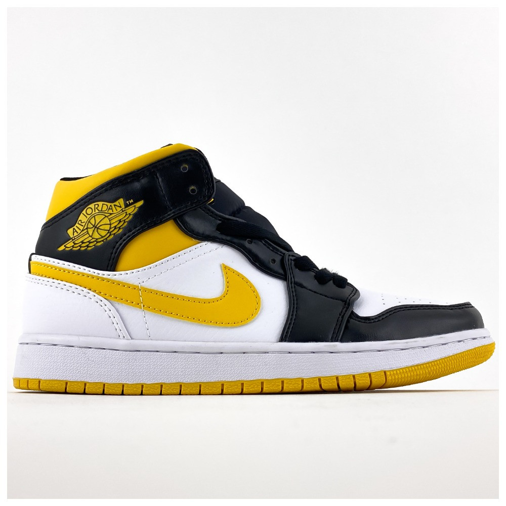 Жіночі кросівки Nike Air Jordan 1 Retro Mid Black Yellow, чорно-білі шкіряні кросівки найк аір джордан 1 ретро мід аїр жовті
