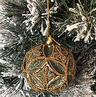 Ялинкова куля 8см рельєфної форми з декором з Гліттера, колір - старовинне золото