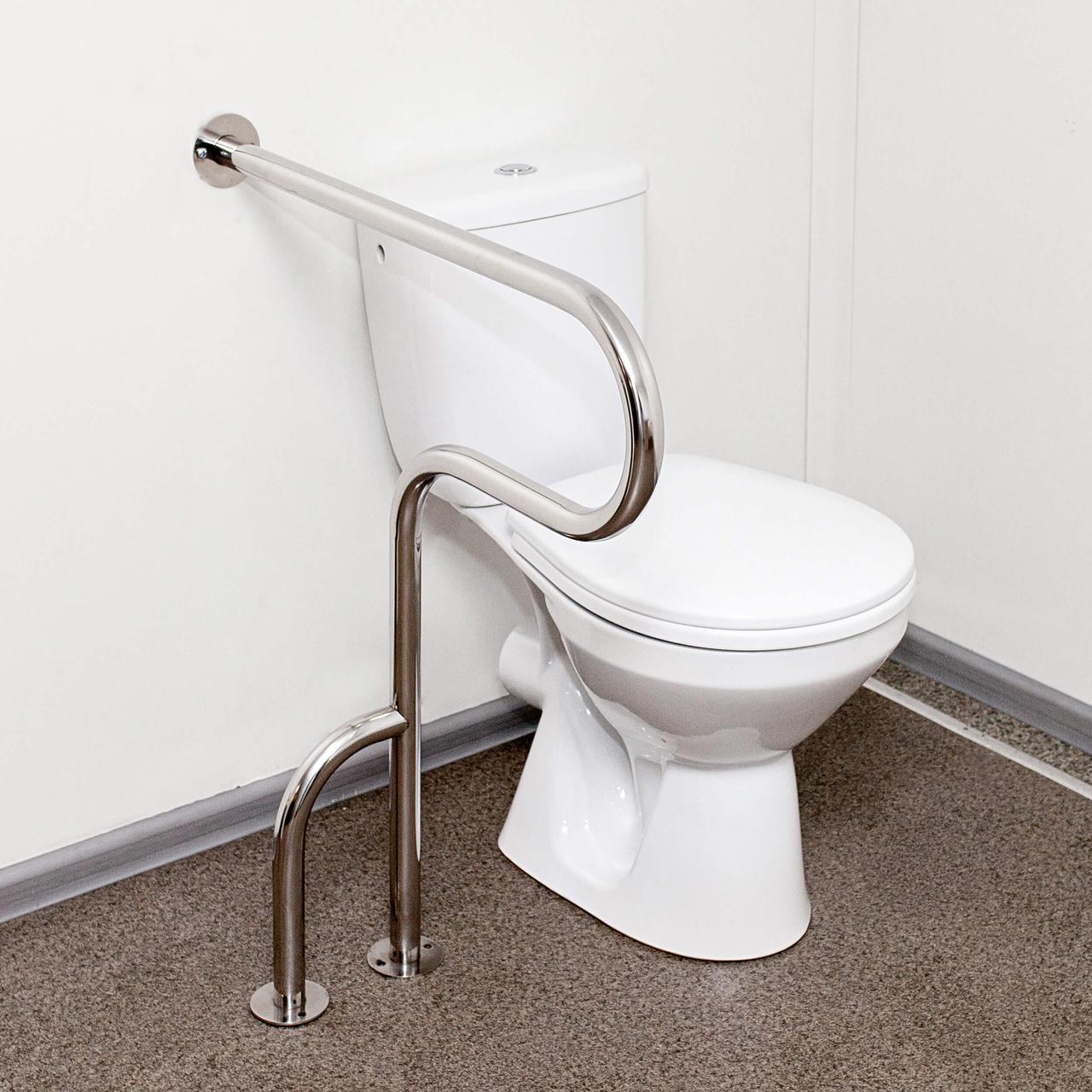 Поруч для інвалідів у санузел з додатковою опорою в підлогу, ручка ̄32 мм, нержавіюча сталь., фото 1