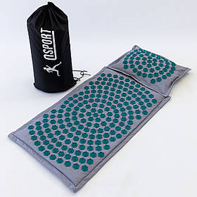 Масажний килимок Аплікатор Кузнєцова + подушка масажер для шиї OSPORT Lotus Mat Eco (apl-020) Сіро-бірюзовий