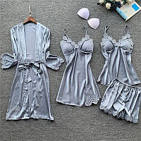 Комплект шелковый женский - халат, ночная сорочка, шорты, майка. Набор, пижама женская, размер L (голубой)