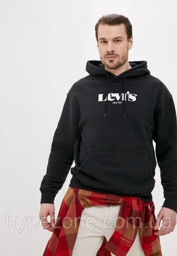 Худі Levis Спортивна кофта з капюшоном Левайс, Чоловіча толстовка Кенгурушка чорна, принт Левіс з кишенею, фото 1