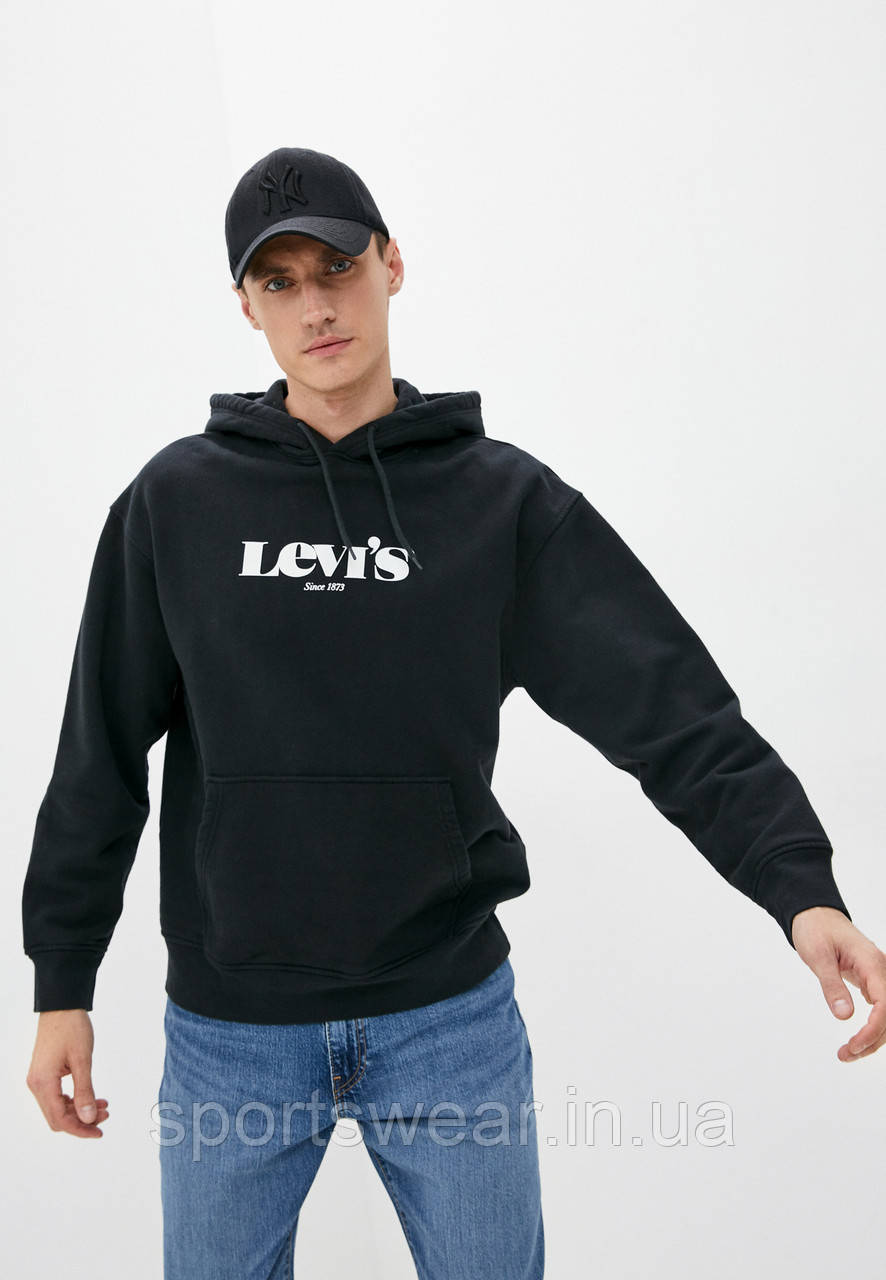 Худі Levis Спортивна кофта з капюшоном Левайс, Чоловіча толстовка Кенгурушка чорна, принт Левіс з кишенею
