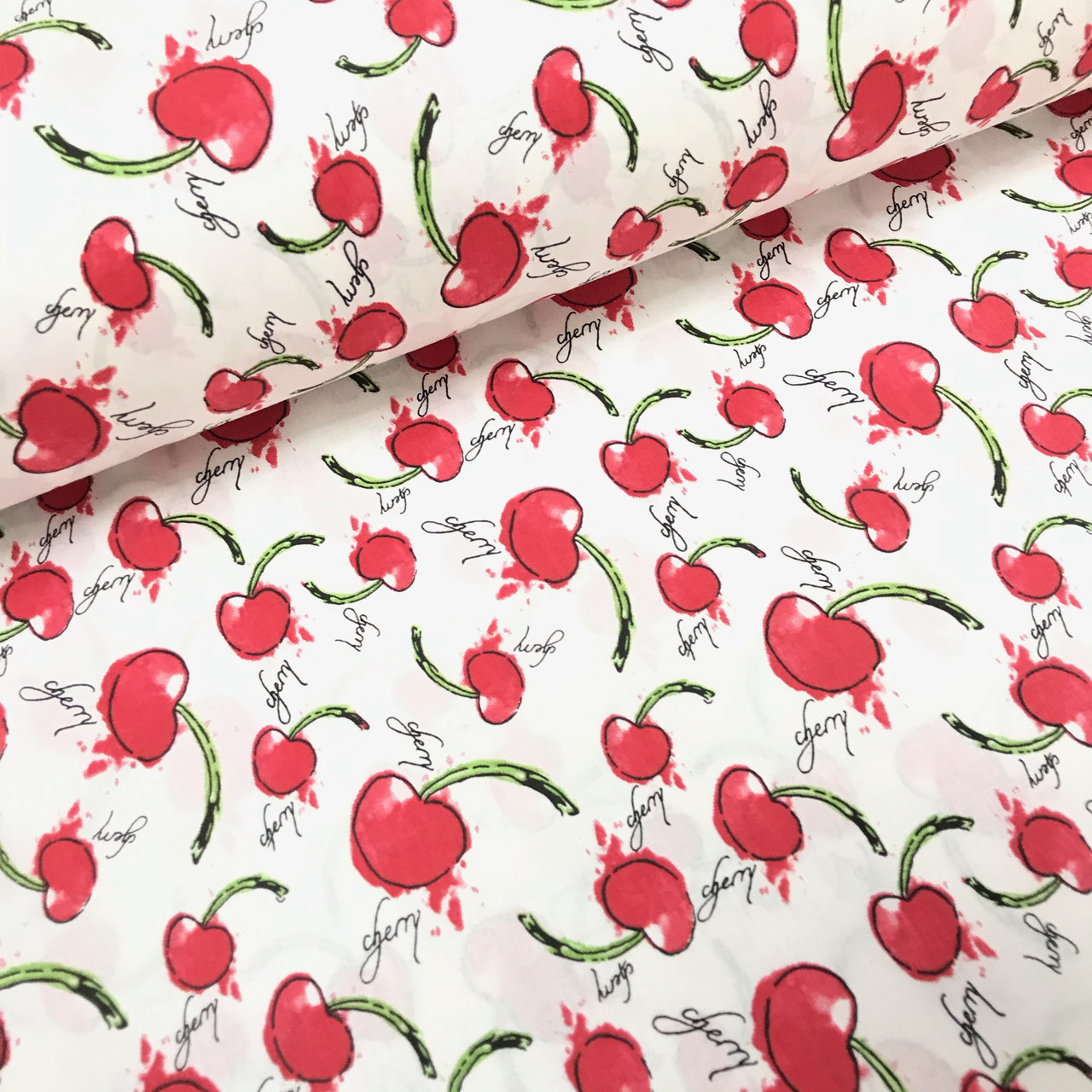 Тканина поплін вишеньки з написом "cherry" на білому (ТУРЕЧЧИНА шир. 2,4 м ) SA