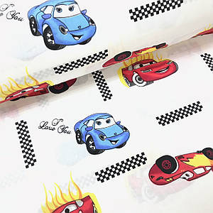 Тканина поплін машинки з мультфільму "тачки" на білому (ТУРЦІЯ шир. 2,4 м ) (R-SA-0228)