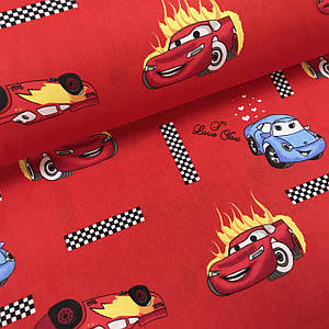 Тканина поплін машинки з мультфільму "тачки" на червоному (ТУРЦІЯ шир. 2,4 м ) (R-SA-0227)