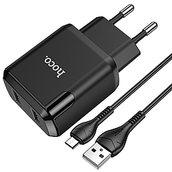 Зарядний пристрій для телефону Android + кабель MicroUSB HOCO N7 |2USB 2.1A| Чорний