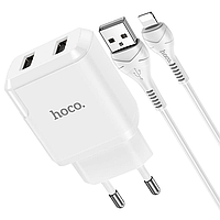Сетевое зарядное устройство для телефона + кабель Lightning Apple HOCO N7 |2USB 2.1A| Белый