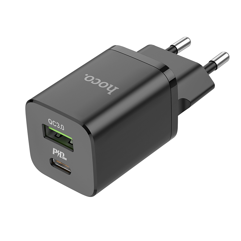 Мережевий зарядний пристрій для телефону з швидкою зарядкою HOCO Bright N13 |1USB/1Type-C QC/PD 20W 3A| Чорний