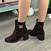 Чоботи жіночі коричневі замшеві на невисокому каблуці, фото 3