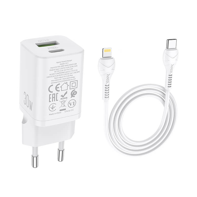 Зарядний пристрій для телефону з швидкою зарядкою + кабель Lightning HOCO N13 |1USB/1Type-C QC/PD 30W 3A| Білий