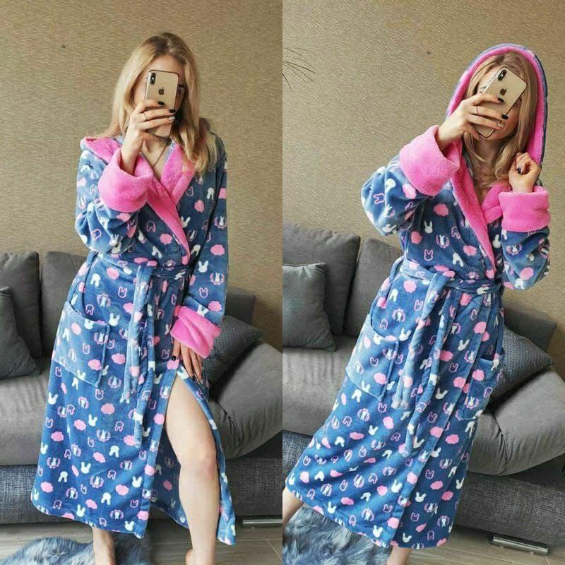 Домашній теплий плюшевий жіночий халат з капюшоном затишний довгий в універсальному розмірі 42 - 46 колір синій, фото 1