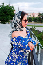 Хустка жіноча з натурального шовку річний з квітковим принтом і візерунком колір сірий 100*100