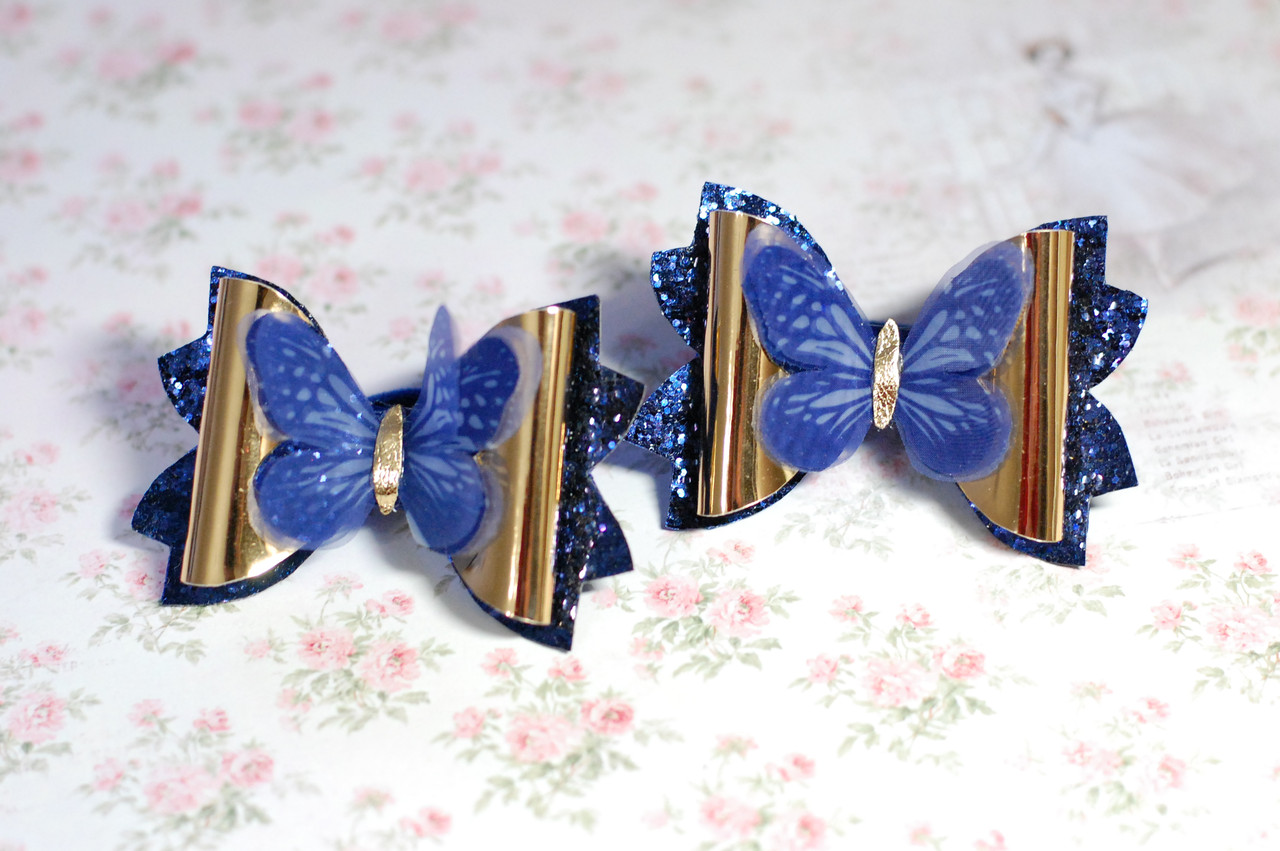 Банти на резинці для волосся дитячі з екошкіри з метеликами золотисто-сині 2 шт 426 об, фото 1