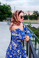 Платок женский из натурального шелка летний с цветочным принтом и узорами цвет бежевый 100*100