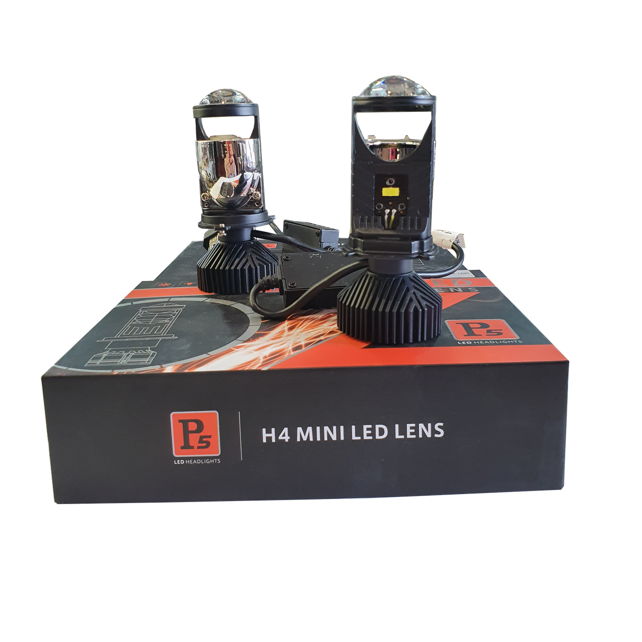 Лампа світлодіодна H4 (к-кт 2 шт) 12V 70W LED+лінза+чітка светотеневая кордон. + вентилятор (авиац. алюмін. профілю.), фото 1