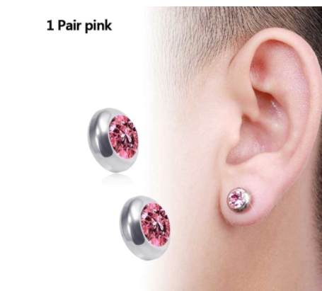 Магнітні сережки обманки без проколювання з рожевим кристалом СТАЛЬ 316L в одне вухо, фото 1
