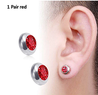Магнитные серьги обманки без прокола с красным кристаллом СТАЛЬ 316L в одно ухо
