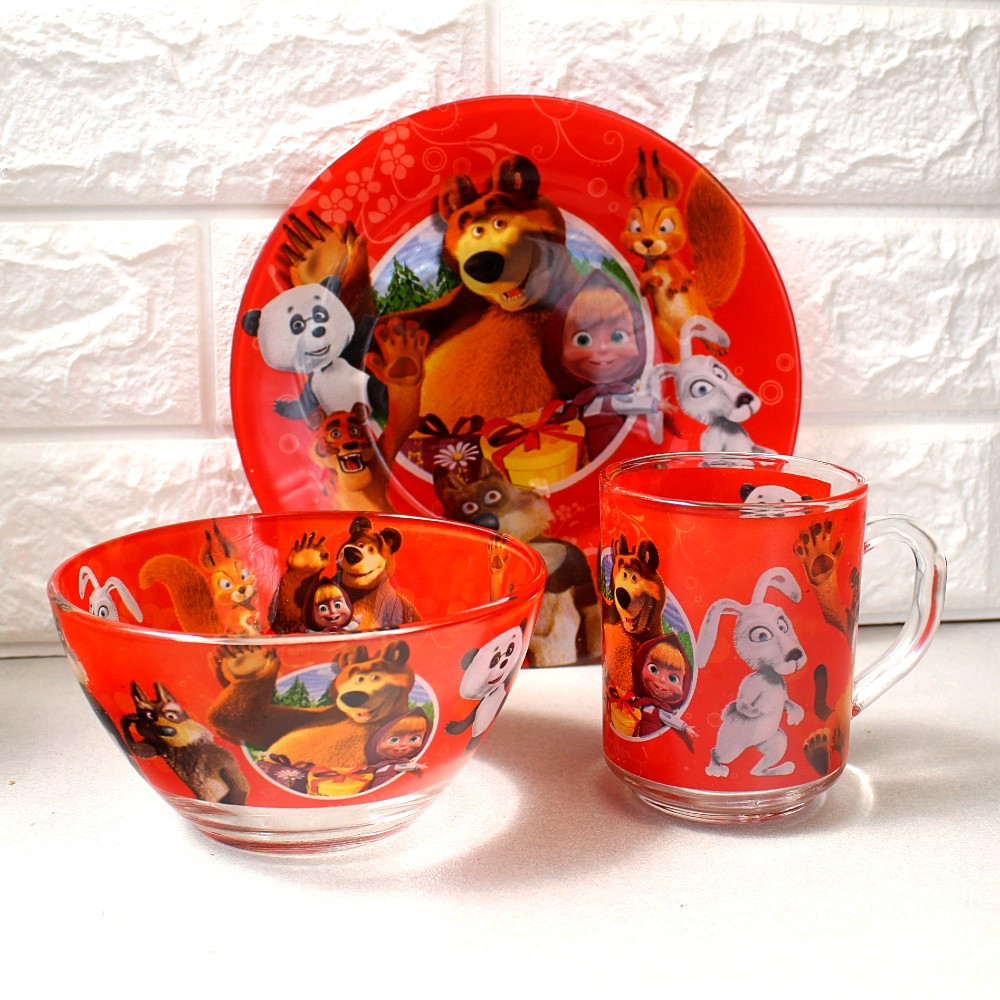 Набір дитячого скляного посуду 3 предмета з мульт-героями Маша та ведмідь, Набір дитячого посуду, різнокольоровий