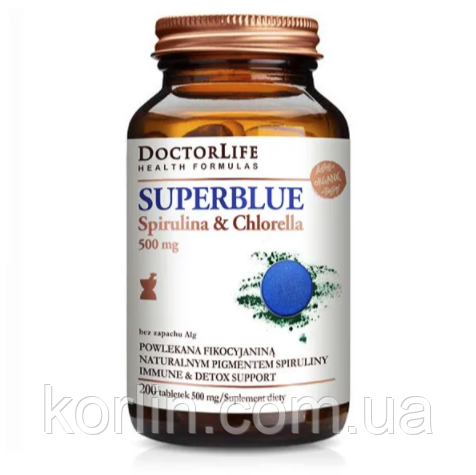 Спіруліна та Хлорела 200 таб Doctor Life Superblue Spirulina & Chlorella 500 mg США Доставка з ЄС