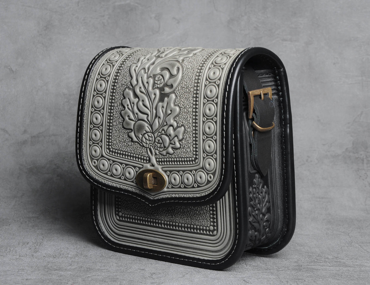 Жіноча шкіряна сумка ручної роботи (метод гарячого тиснення), сіра шкіряна сумка, фото 1