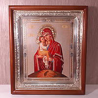 Икона Почаевская Пресвятая Богородица, лик 15х18 см, в светлом прямом деревянном киоте