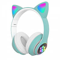 Беспроводные детские блютуз наушники STN-28 Bluetooth со светящимися кошачьими ушками зеленые