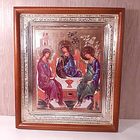 Икона Святая Троица, лик 15х18 см, в светлом прямом деревянном киоте