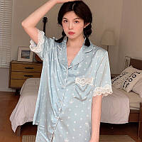 Пижама женская шелковая с кружевом. Пижама женская сатиновая с коротким рукавом и шортами, размер L (голубая)