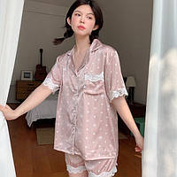 Пижама женская шелковая с кружевом. Пижама женская сатиновая с коротким рукавом и шортами, размер L (розовая)