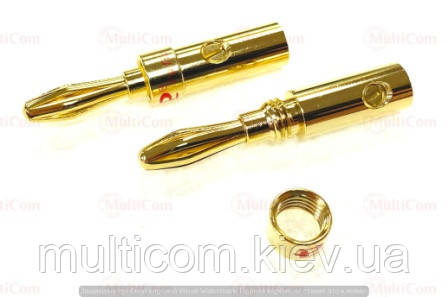 01-04-012RD. Штекер акустичний "Banan" 4мм під кабель, корпус метал, Paliccs, gold, червона смуга
