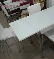 Раскладной белый стол прямоугольный обеденный кухонный из ДСП со стеклом 60*90/150см. (Лотос-М / Mobilgen)