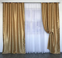 Готові штори із тканини блекаут софт кольору золото 150х270 (2 шт). Щільні штори на тасьмі блекаут у спальню