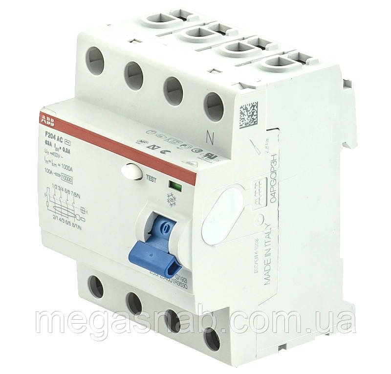 Пристрій захисного відключення (УЗО) ABB 300mA 4-х полюсне AC-63А/0,3 FH204 2CSF204003R3630