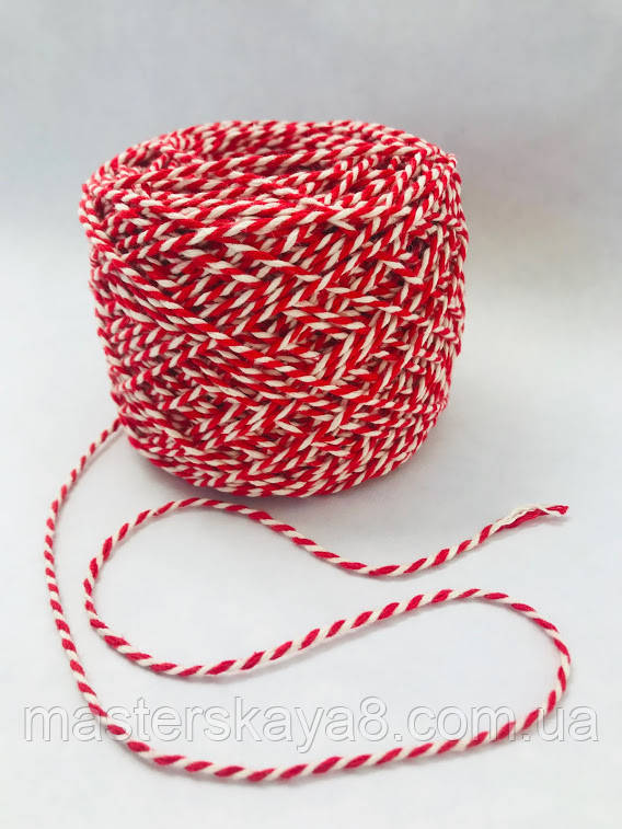 Кольоровий шпагат 100 м, декоративна нитка для упаковки, червоний з білим, фото 1