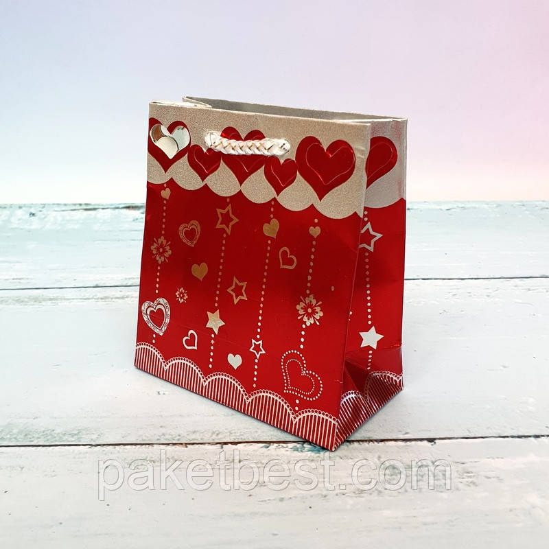 Пакети з картону 10х11х5 Миники (Червоний,Металізований), фото 1