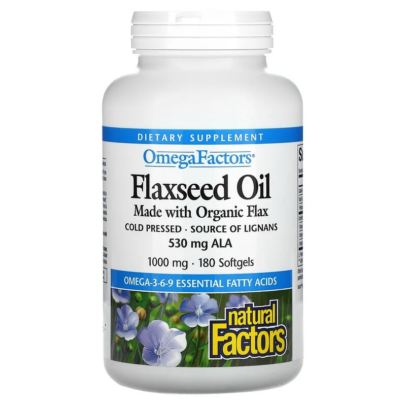 Лляна олія Natural Factors "Flaxseed Oil" 1000 мг (180 гелевих капсул), фото 1