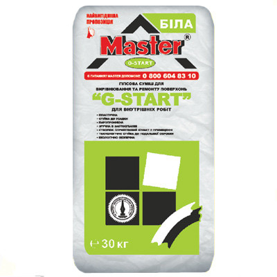 Майстер Master G-start, стартова штукатурка для вн. робіт на основі гіпсу (товщина 30 мм), 30 кг., фото 1
