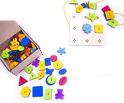 Дерев'яна гра "Шнурівка - сортер. Веселі ґудзики" 90146 Розумний лис. Вік: від 3 років, 87 ґудзиків