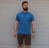 Льняна сорочка з коротким рукавом синього кольору 100% льон