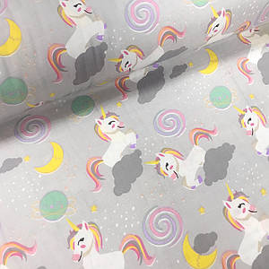 Тканина муслін Двошарова єдинороги з місяцем, хмарами, планетою на сірому (шир. 1,6 м) (MS-FR-0101)
