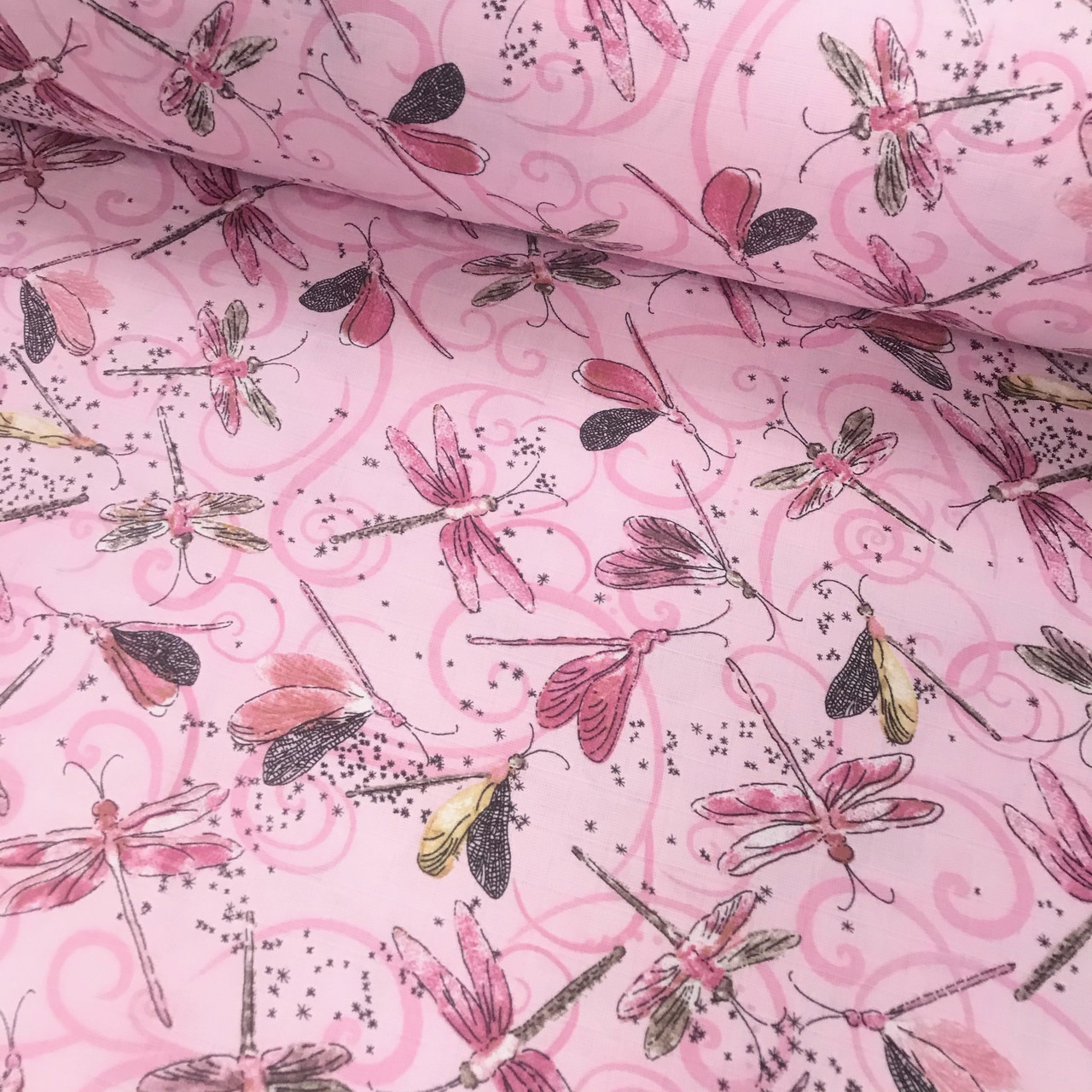 Тканина муслін Двошарова рожево-чорні бабки на рожевому (шир. 1,6 м) (MS-FR-0011), фото 1